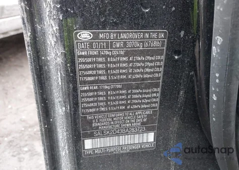 2011 Land Rover Range Rover Sport Hse из США, поврежденный, VIN SALSK2D43BA283723